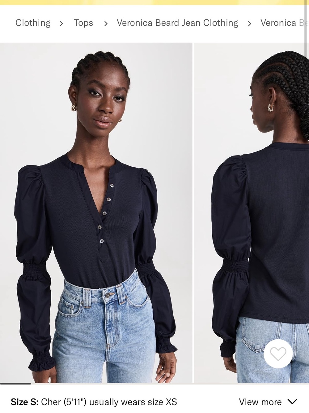 Veronica Beard Navy Puff-Sleeve Henley Blouse